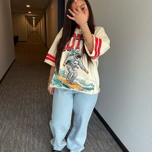 Cream Graphic Tee with Red Stripes